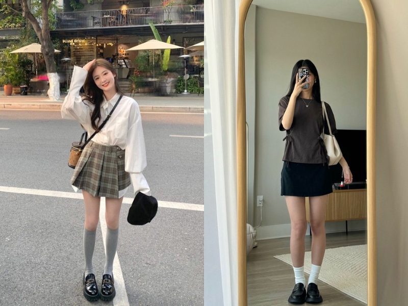 giày loafer nữ và chân váy