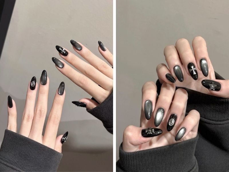 Mẫu nail sơn thạch mắt mèo tone đen