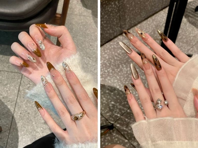 Mẫu nail sơn thạch mắt mèo tone nâu