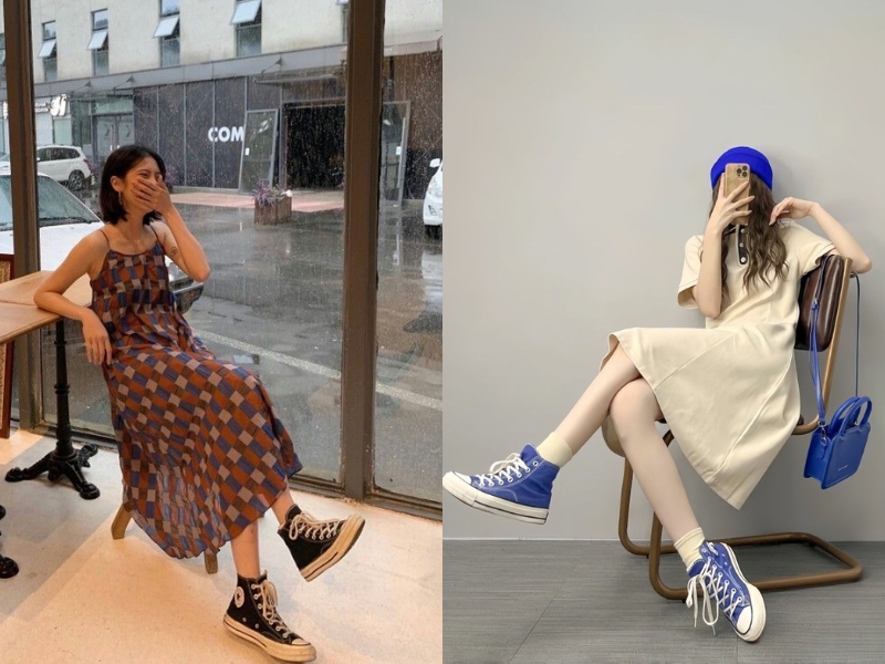 Giày Converse phối cùng đầm dài