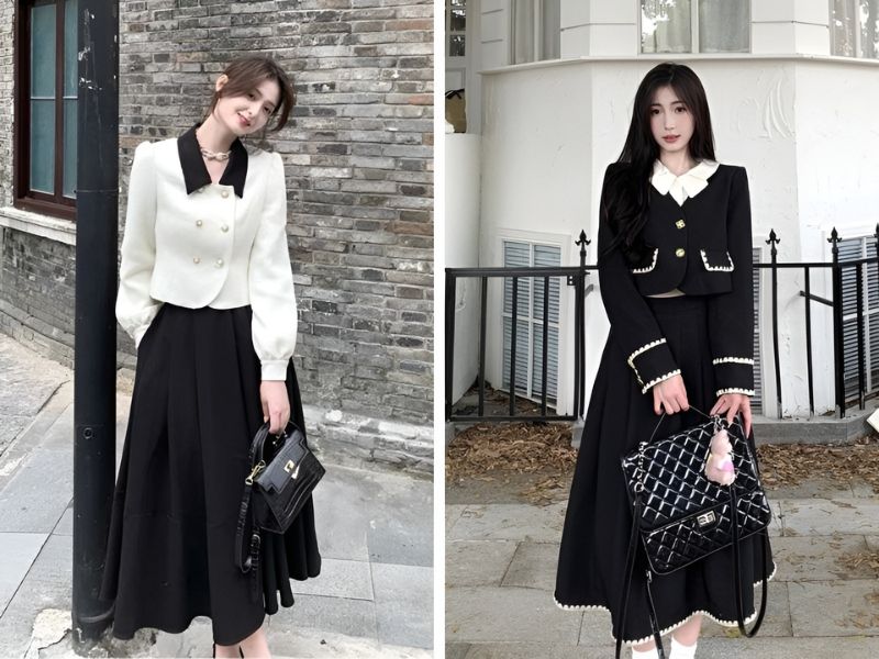 Váy xòe và áo vest kiểu