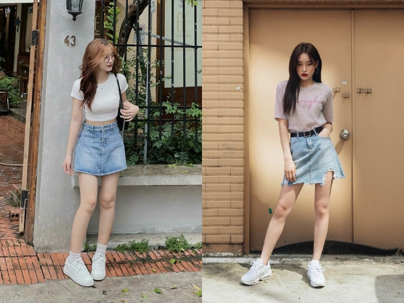 Chân váy jeans chữ A phối áo thun