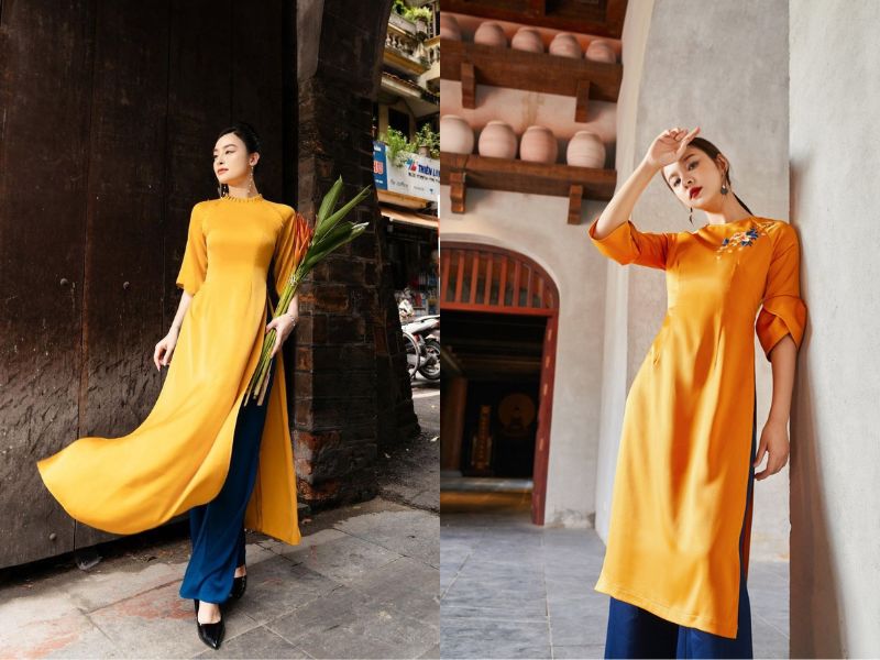 Áo dài vàng đi cùng quần xanh dương