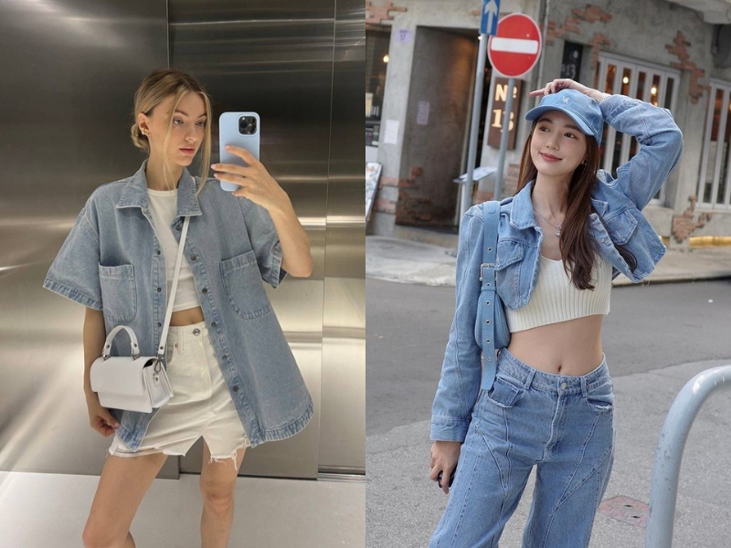 mix áo khoác bò nữ chất liệu jeans với áo tanktop