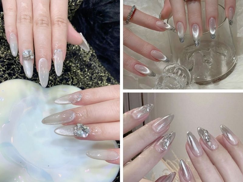 Mẫu nail sơn thạch mắt mèo tone bạc
