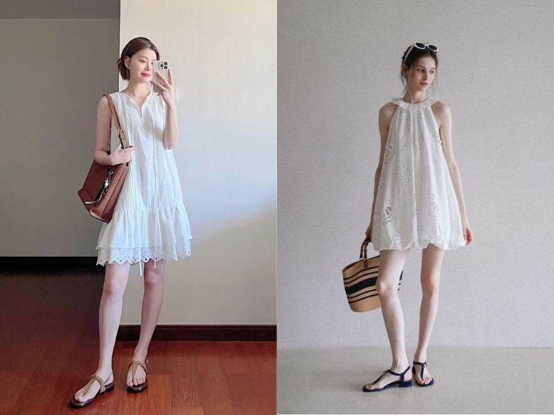Sandal đế bệt phối đầm ngắn