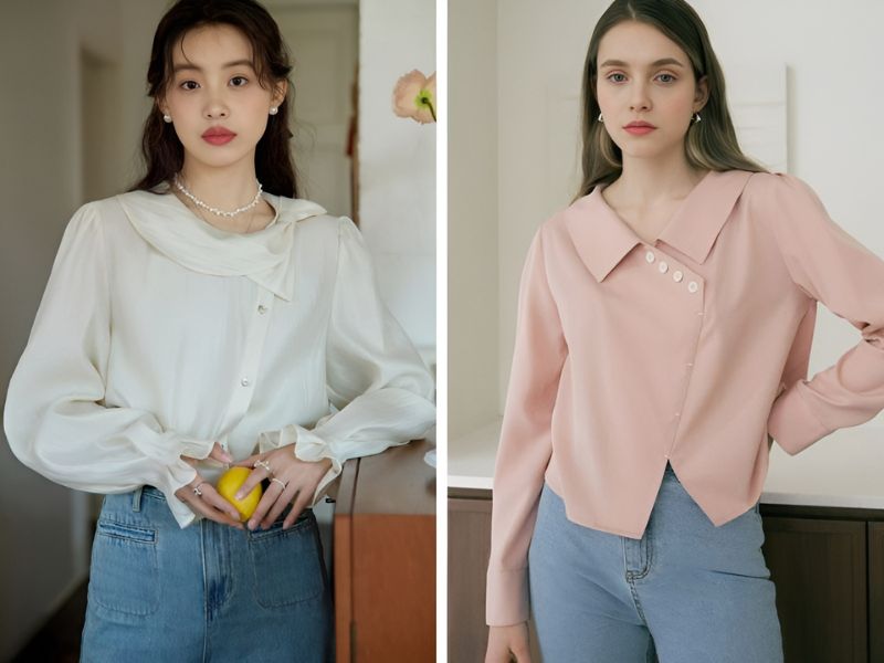 Áo sơ mi cúc lệch và quần jean dài