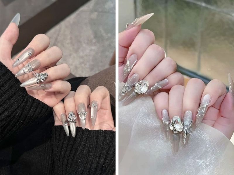 Mẫu nail sơn thạch mắt mèo tông xám khói