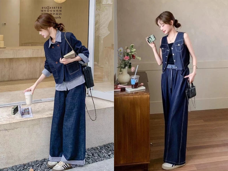 Áo khoác jeans phối quần ống suông dài nữ