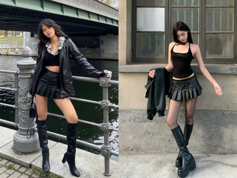 Chân váy da phối cùng áo croptop 