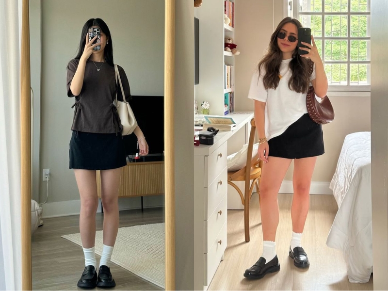 Áo thun form rộng phối chân váy chữ A ngắn