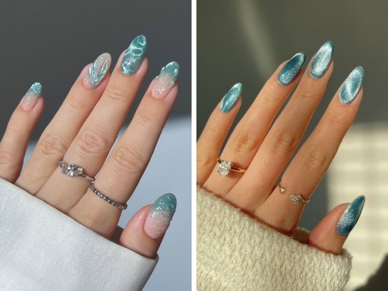 Mẫu nail thạch mắt mèo màu xanh ngọc