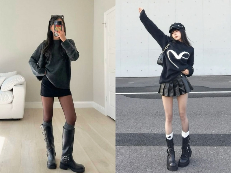 Chân váy da mặc với hoodie hoặc sweater