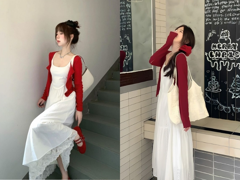Phối đầm với áo khoác cardigan 
