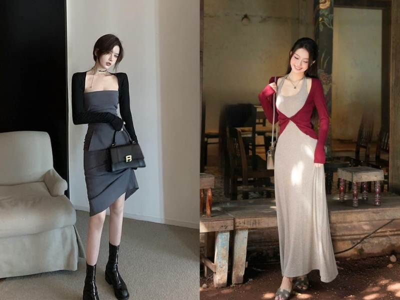 Phối đầm với áo khoác cardigan 