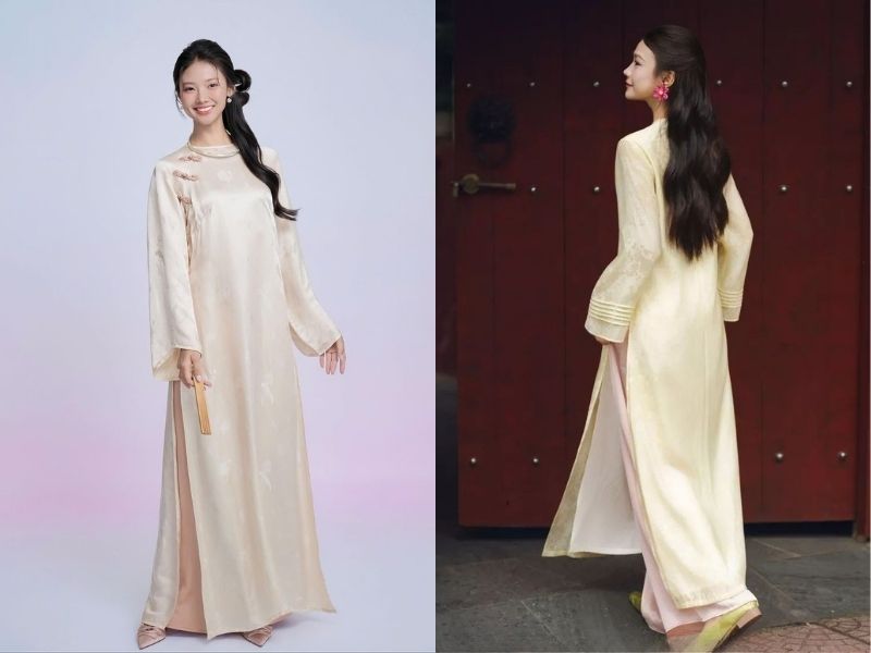 phối áo dài màu vàng be với quần màu Hồng pastel