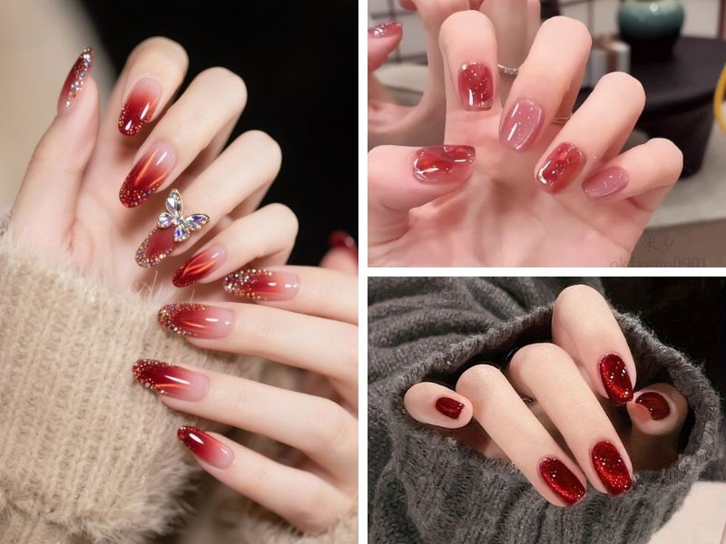Mẫu sơn gel thạch mắt mèo tone đỏ