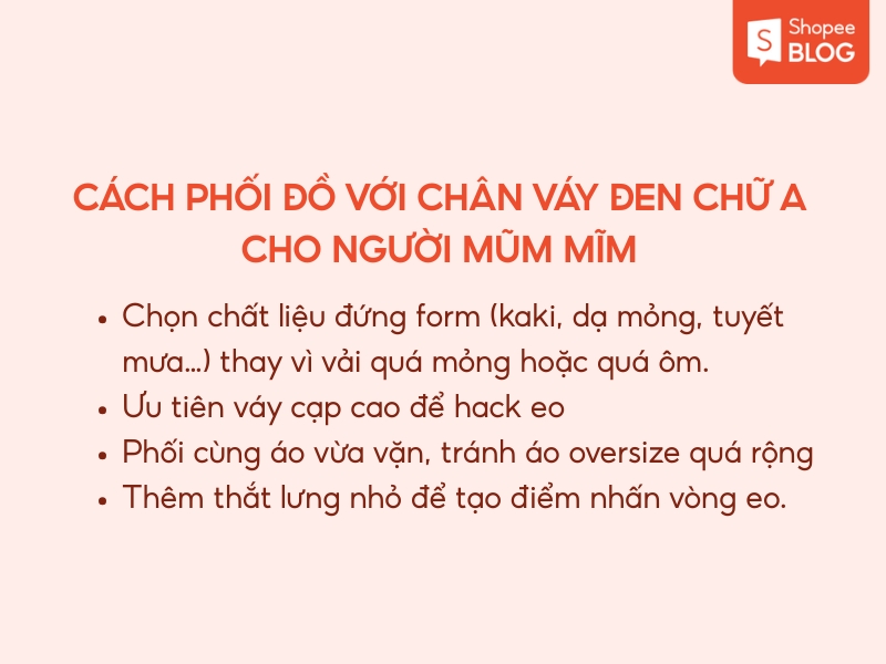 phối đồ với chân váy đen chữ A cho người mũm mĩm