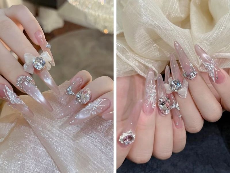 Mẫu nail sơn thạch mắt mèo đính đá