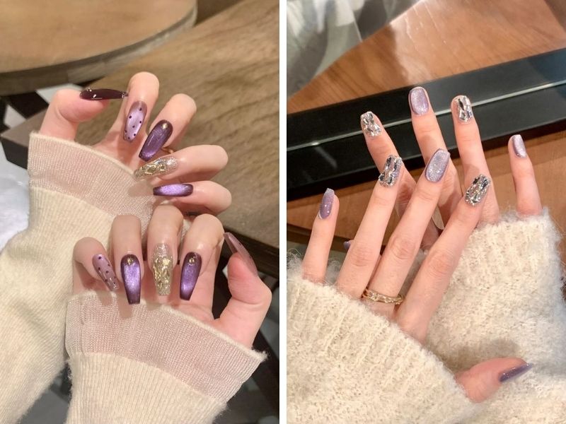 Mẫu nail thạch mắt mèo tông tím