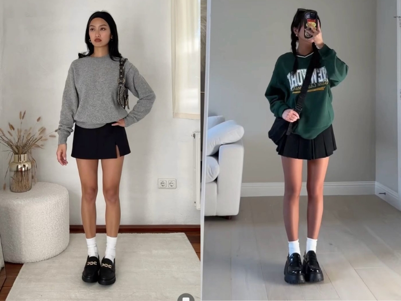 áo sweater với chân váy đen chữ A
