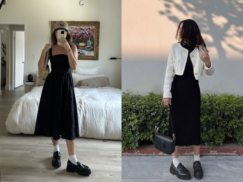 giày loafer phối với đầm maxi 