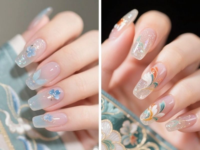 Mẫu nail sơn thạch mắt mèo vẽ họa tiết