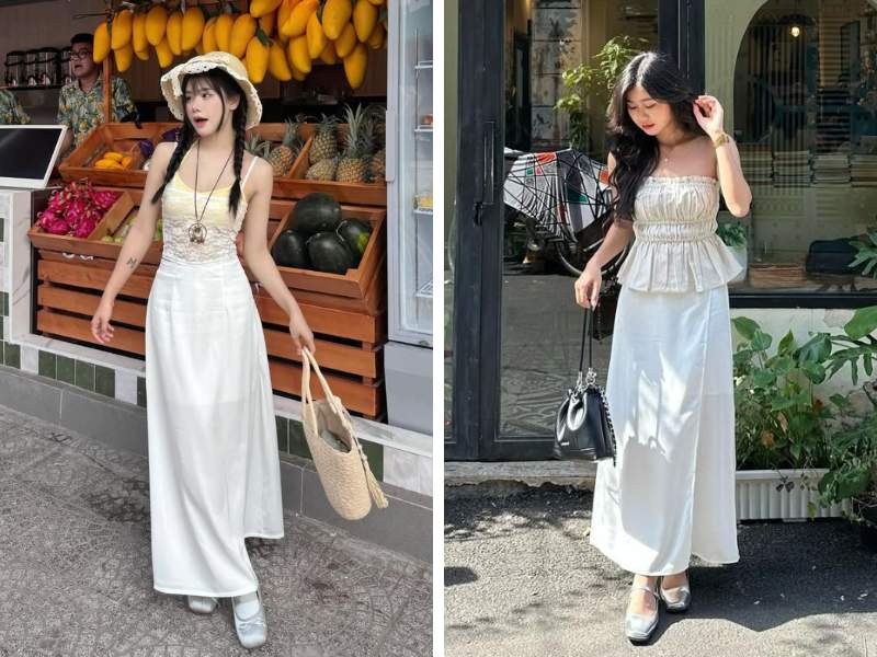 Phối đồ với giày búp bê và chân váy dài