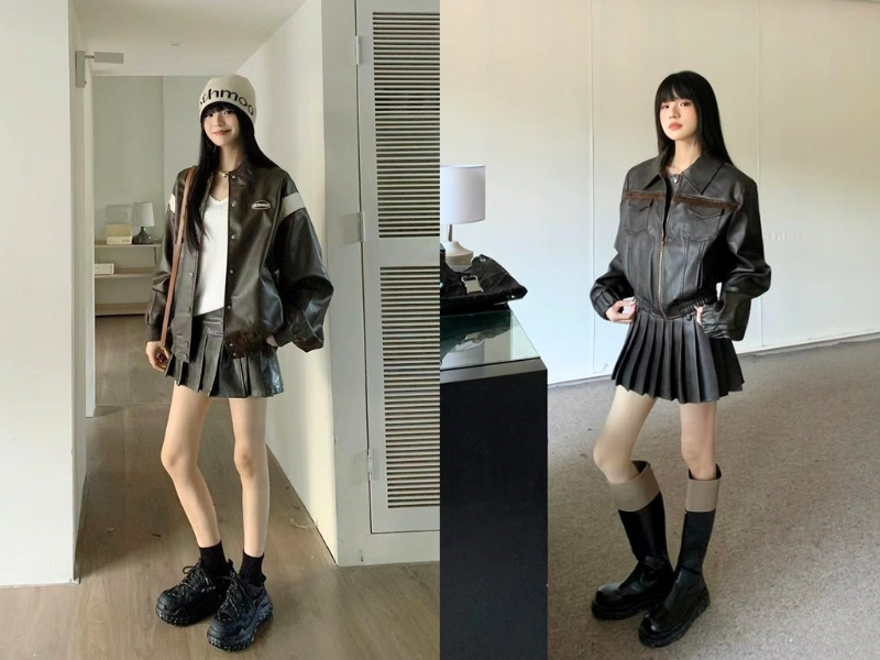 Chân váy da kết hợp áo blazer 