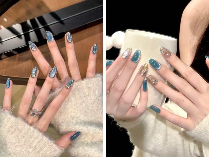 Mẫu nail thạch mắt mèo tone xanh dương