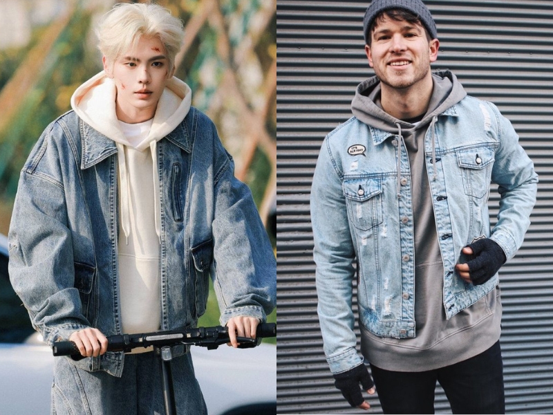 Phối đồ với áo khoác jean và hoodie  