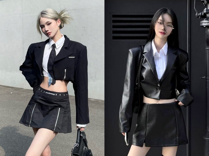 Phối áo vest đen nữ với chân váy chữ A