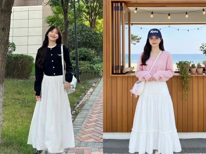 phối đồ nữ cute với chân váy xoè dài