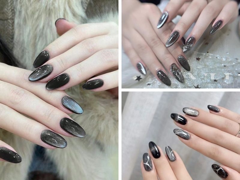 Mẫu nail thạch mắt mèo tone đen