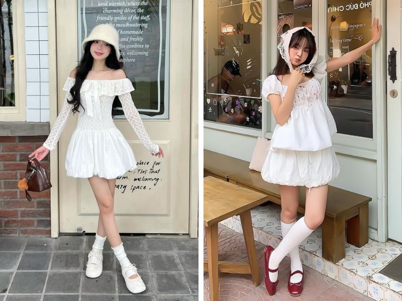 Phối đồ với giày búp bê và chân váy bí