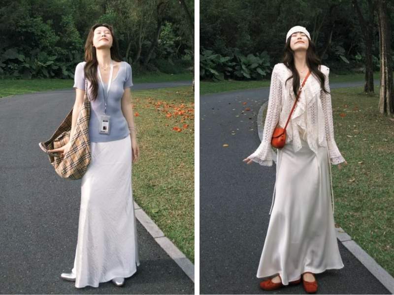 Giày búp bê phối đồ cùng chân váy lụa satin