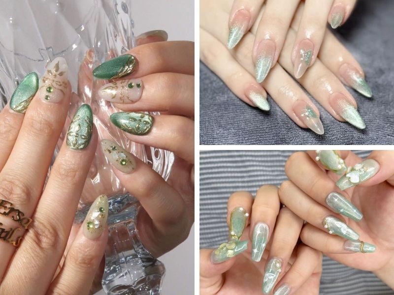 Mẫu nail sơn thạch mắt mèo màu xanh lá