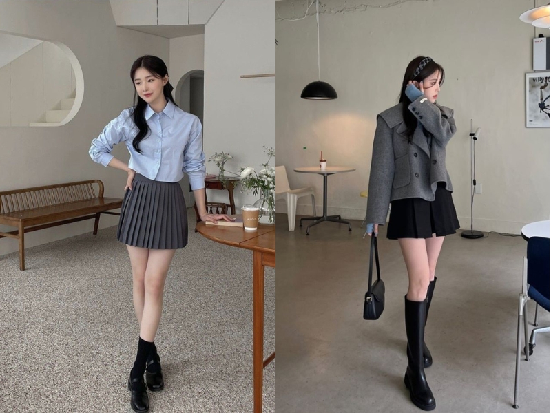 Chân váy xếp ly phối áo sơ mi cho người lùn