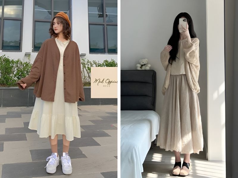 Phối áo cardigan và váy xòe