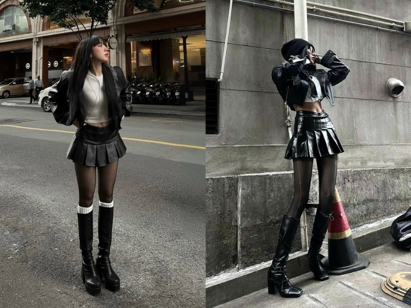 Chân váy da phối cùng áo croptop