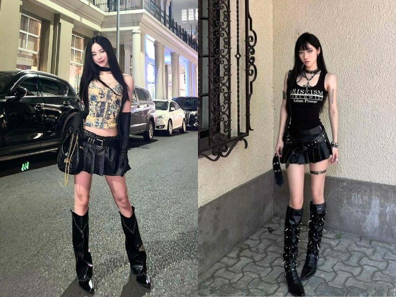 Phối đồ chân váy da với giày da