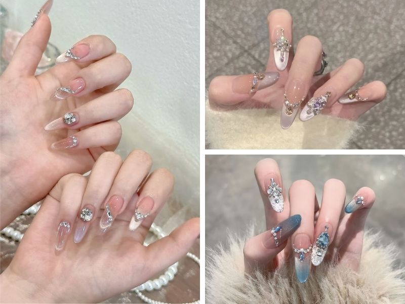 Mẫu nail thạch mắt mèo đính charm
