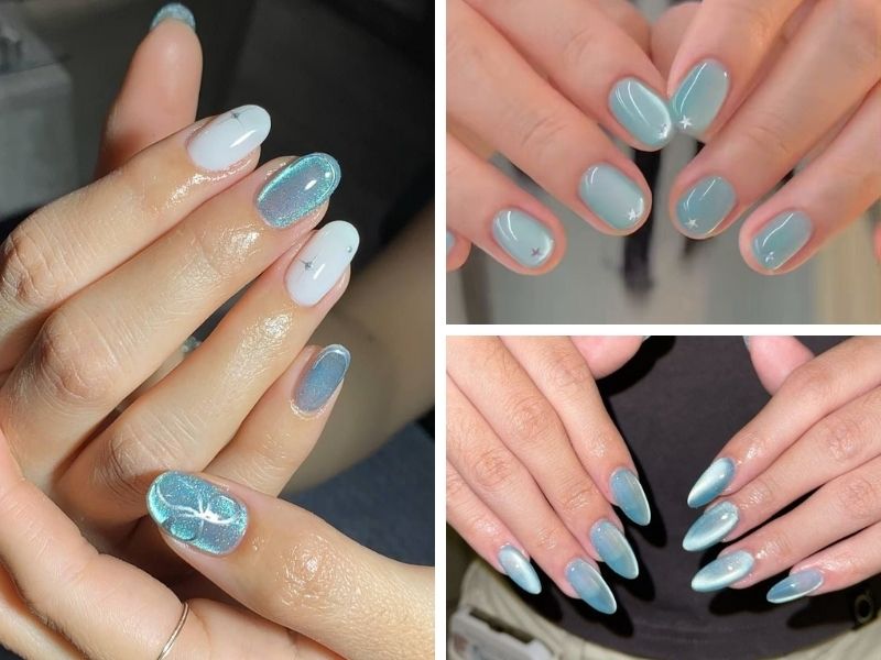 Mẫu nail sơn thạch mắt mèo màu xanh ngọc
