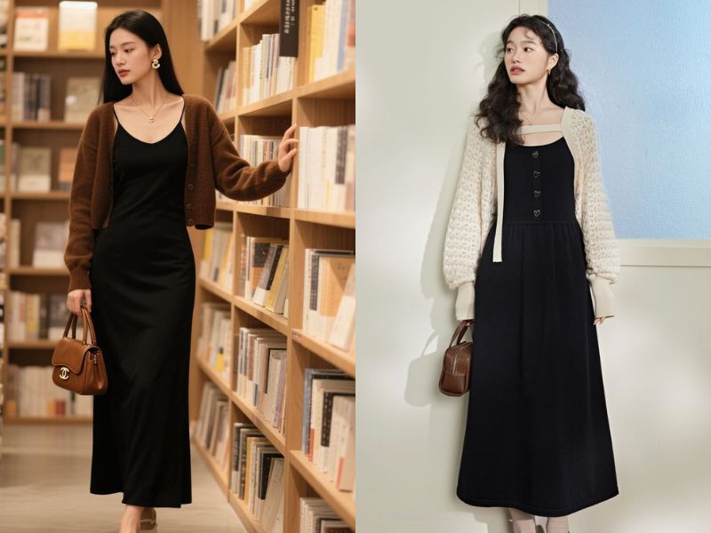 Đầm suông phối cardigan mỏng cho người béo bụng