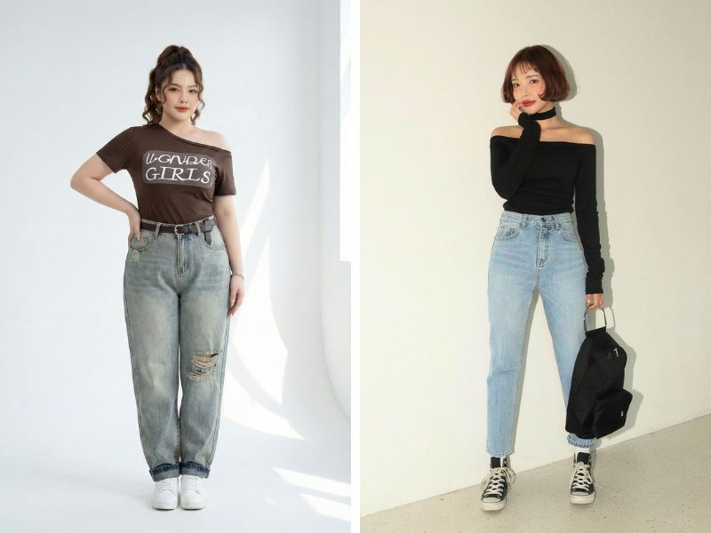 Phối quần baggy với áo trễ vai 