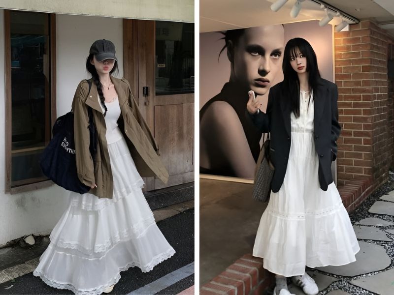 Phối áo áo blazer và váy xòe