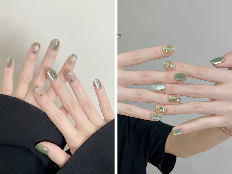 Mẫu nail thạch mắt mèo màu xanh lá