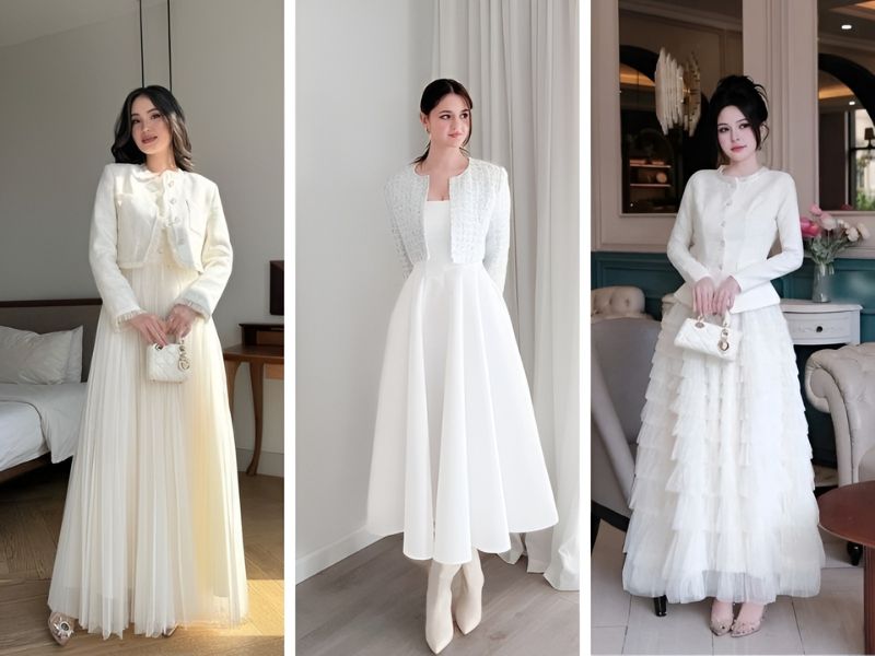 Áo dạ và váy xòe màu trắng