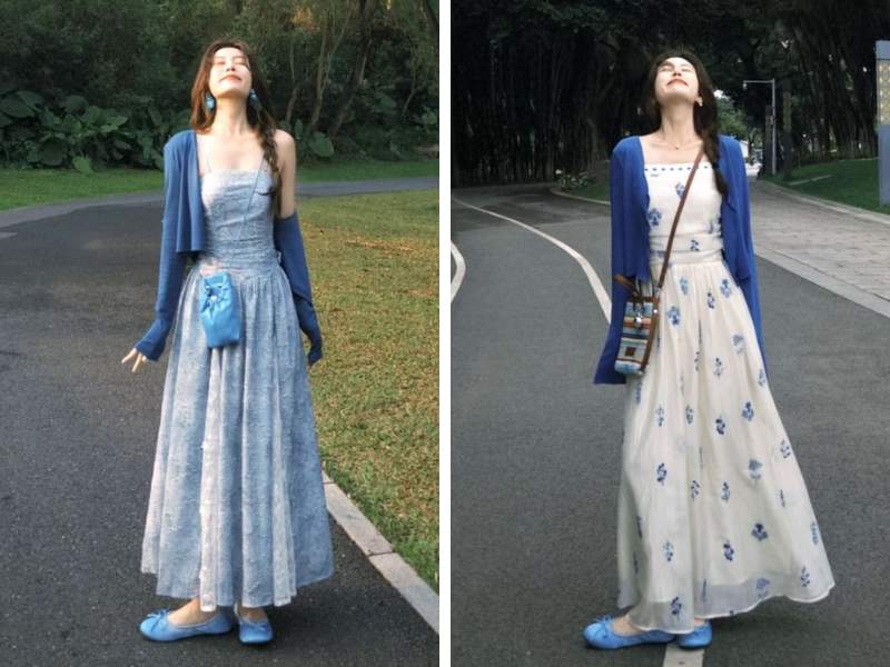 Cách phối giày búp bê với đầm dài
