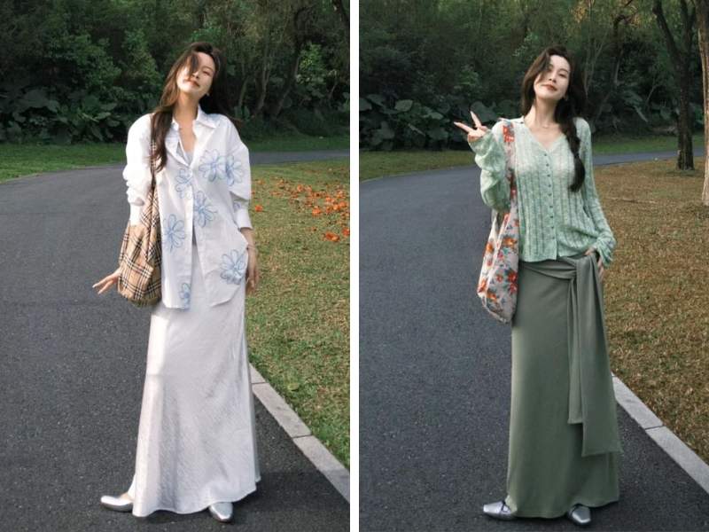 Cách phối giày búp bê với chân váy lụa satin
